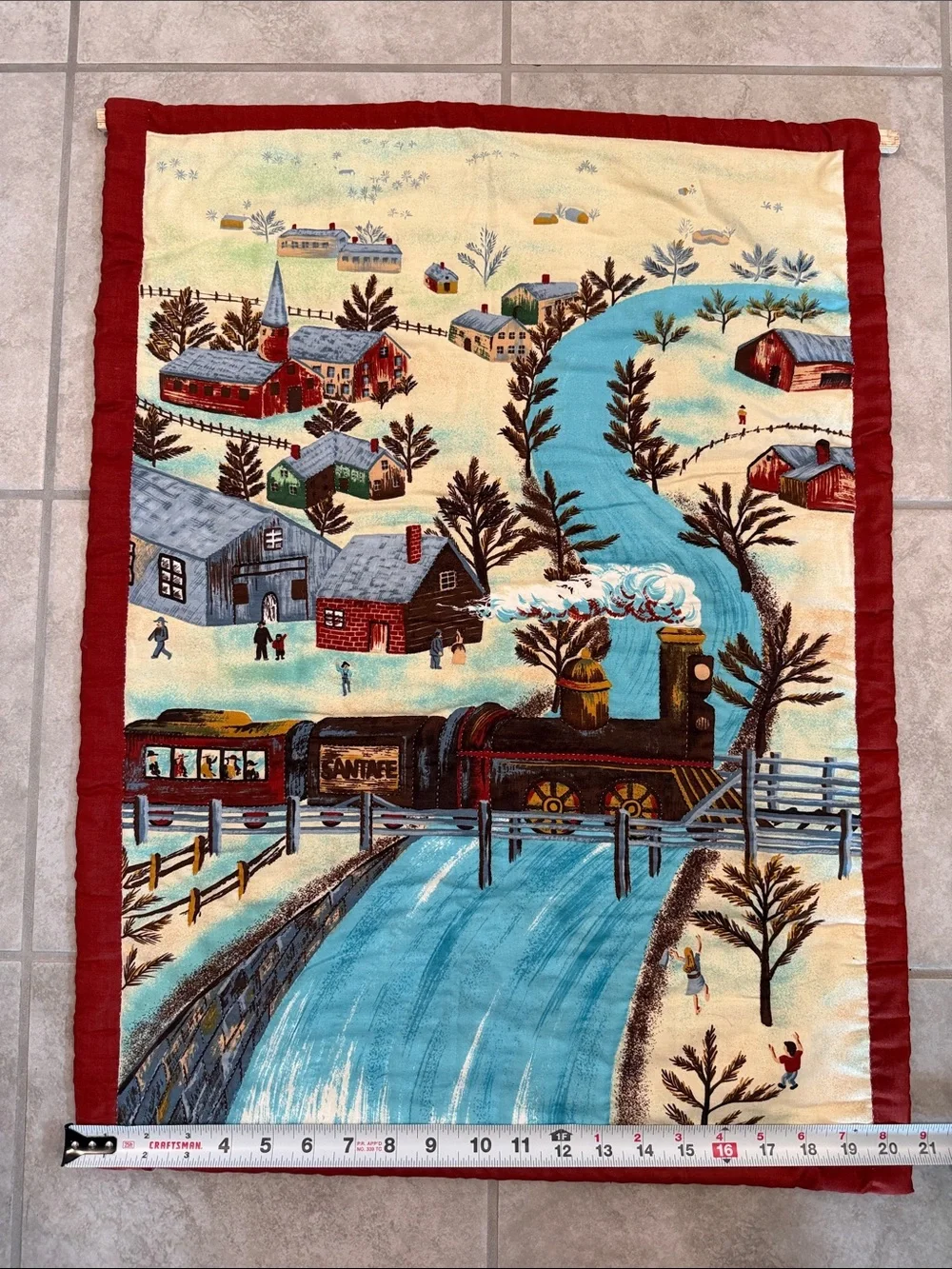 Vintage Americana Folk Art Fabric Wall Hanging Featuring A Winter Train Scene